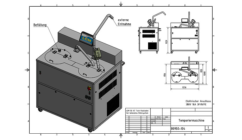 Schokoladenmaschine lcm at kaskaden twin zum temperieren und überziehen von Schokolade, als 3D-Render und als skizze mit größenmaßen dargestellt.
