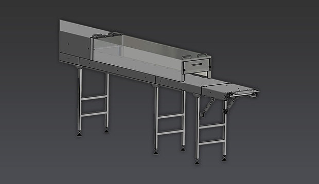 Schokoladenmaschine ctb tunnel zur Kühlung von Schokolade, als 3D-Render dargestellt.
