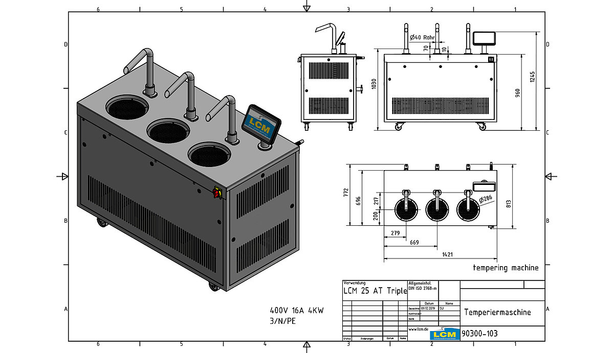 Schokoladenmaschine lcm 25 at triple zum temperieren und überziehen von Schokolade, als 3D-Render und als skizze mit größenmaßen dargestellt.