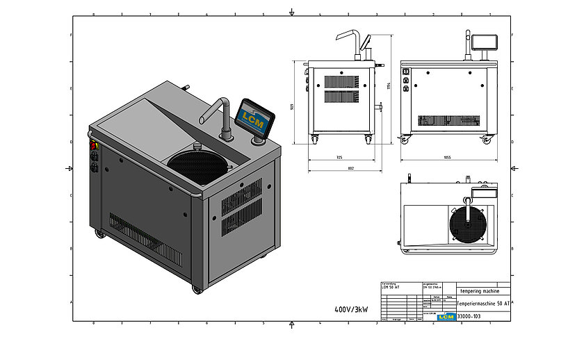 Schokoladenmaschine lcm 50 atzum temperieren und überziehen von Schokolade, als 3D-Render und als skizze mit größenmaßen dargestellt.