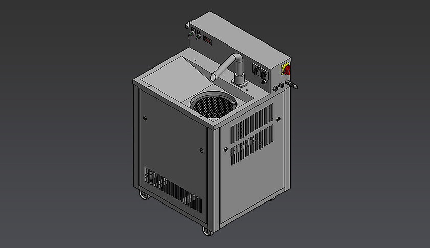 Schokoladenmaschine lcm 25 at ist zum temperieren und überziehen von Schokolade, als 3D-Render dargestellt.