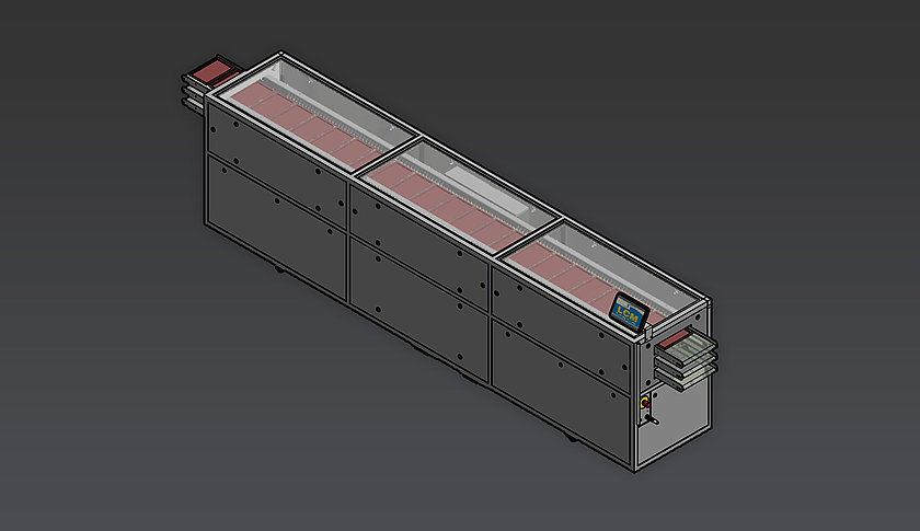 Schokoladenmaschine BKS 400 Kühltunnel zur Kühlung von Schokolade, als 3D-Render dargestellt.